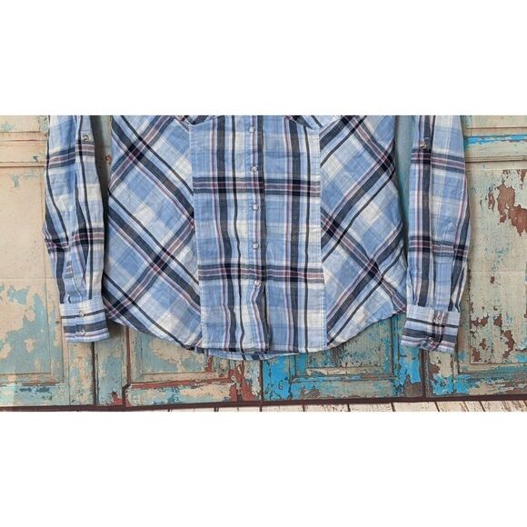 Style & Co. Womens XS Blue White Plaid Pearl Snap Roll Tab Sleeves Western Shirt - Picture 4 of 7